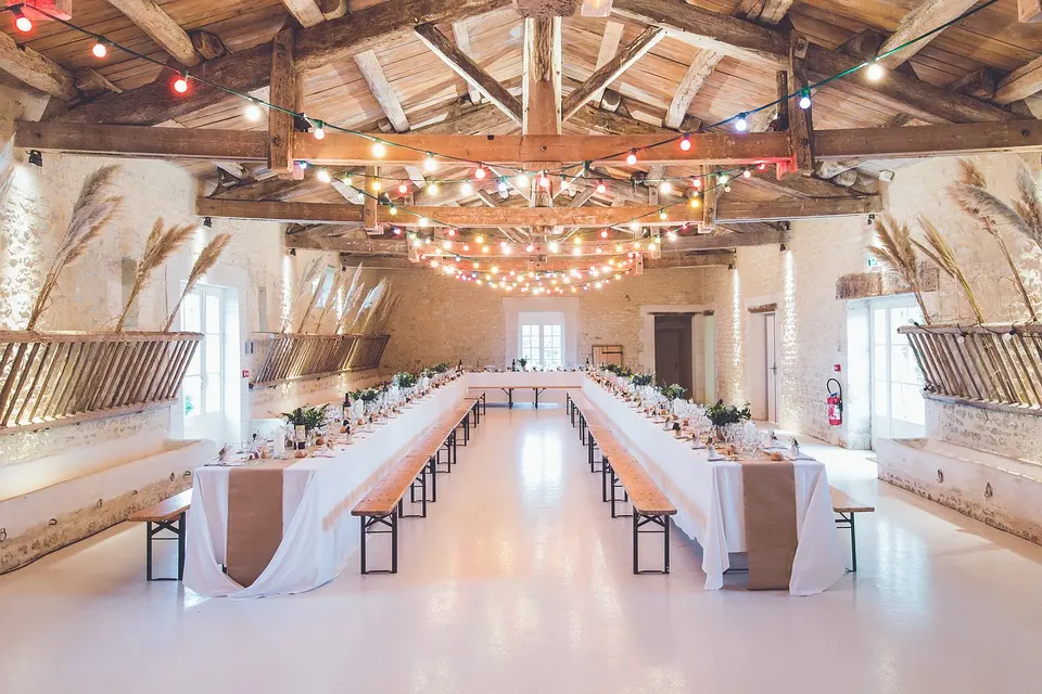 Banquet hall set for a reception